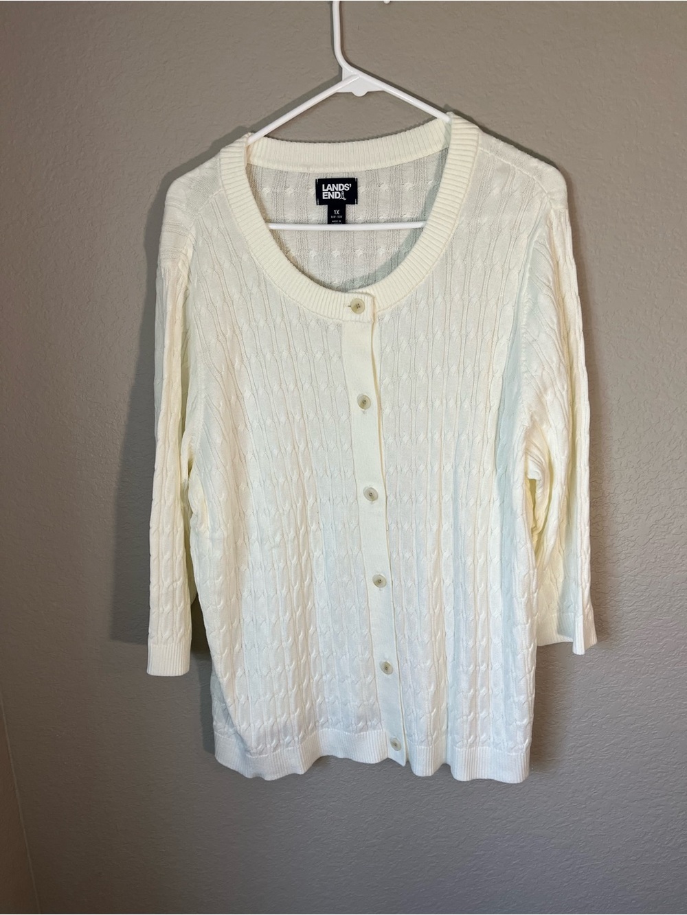 Lands' End Ivory Cable Knit Cardigan 1X Cotton Button Front 3/4 Sleeve